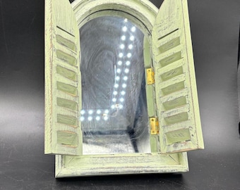 Vintage Mirror, Window with Shutters, Mint Green, Cottage, Country, Hanging, Arch
