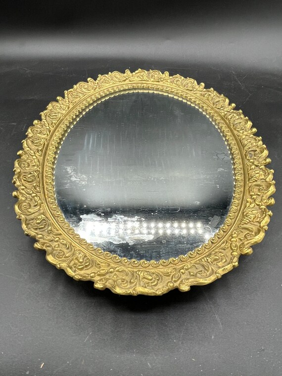 Vintage, Antique Brass Framed Oval Mirror Tray, F… - image 7