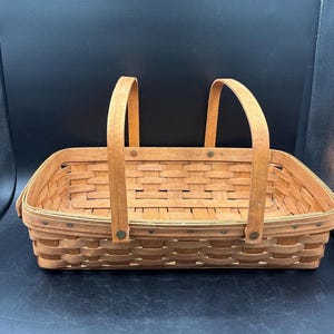 Vintage Longaberger Style Large Rectangular Woven Wood Market Basket, 18x12 Gathering Basket with Dual Handles, Farmhouse Decor Storage Bin