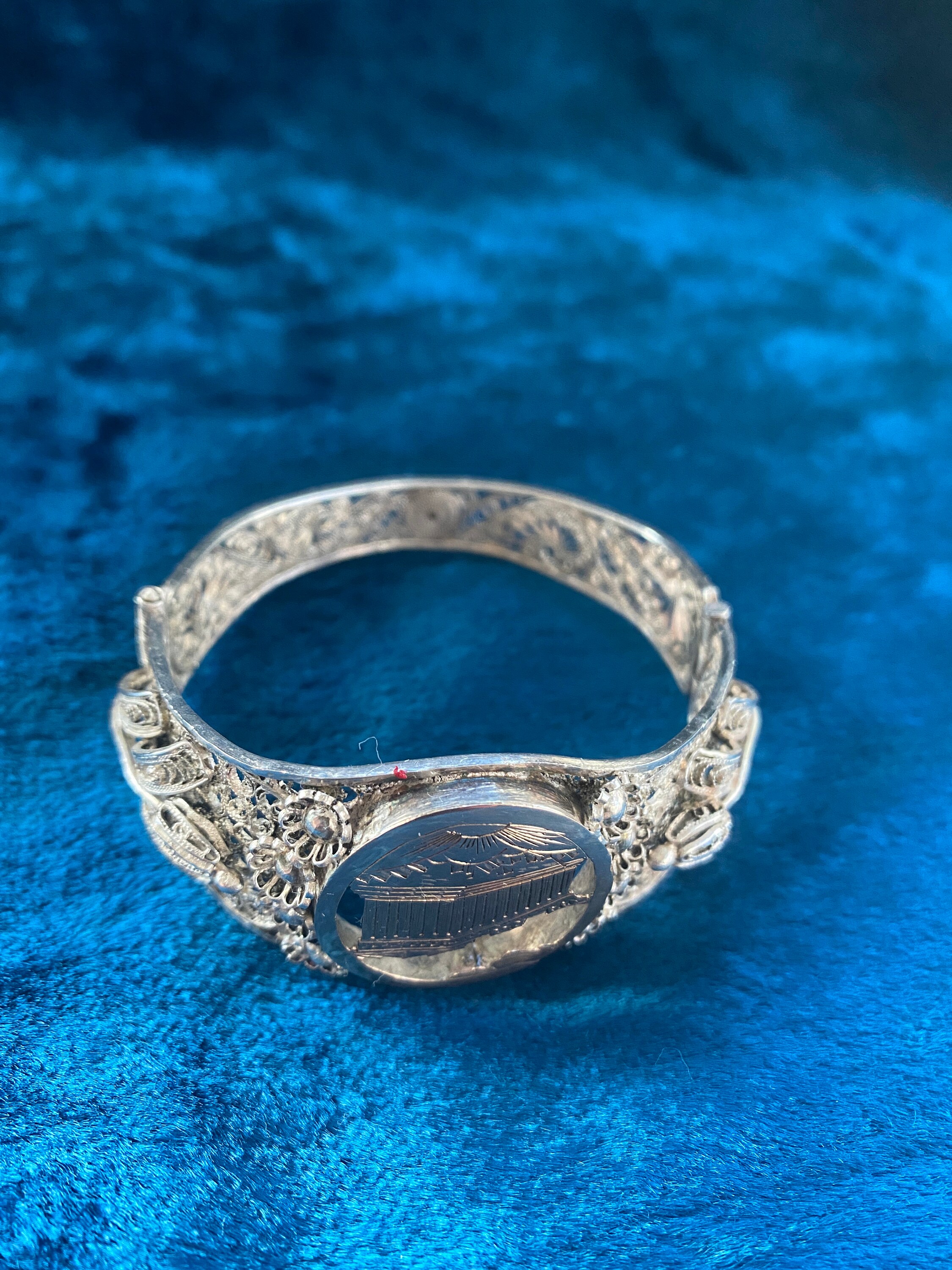 Antique Silver Filigree Ornate Bangle Bracelet, Unusual