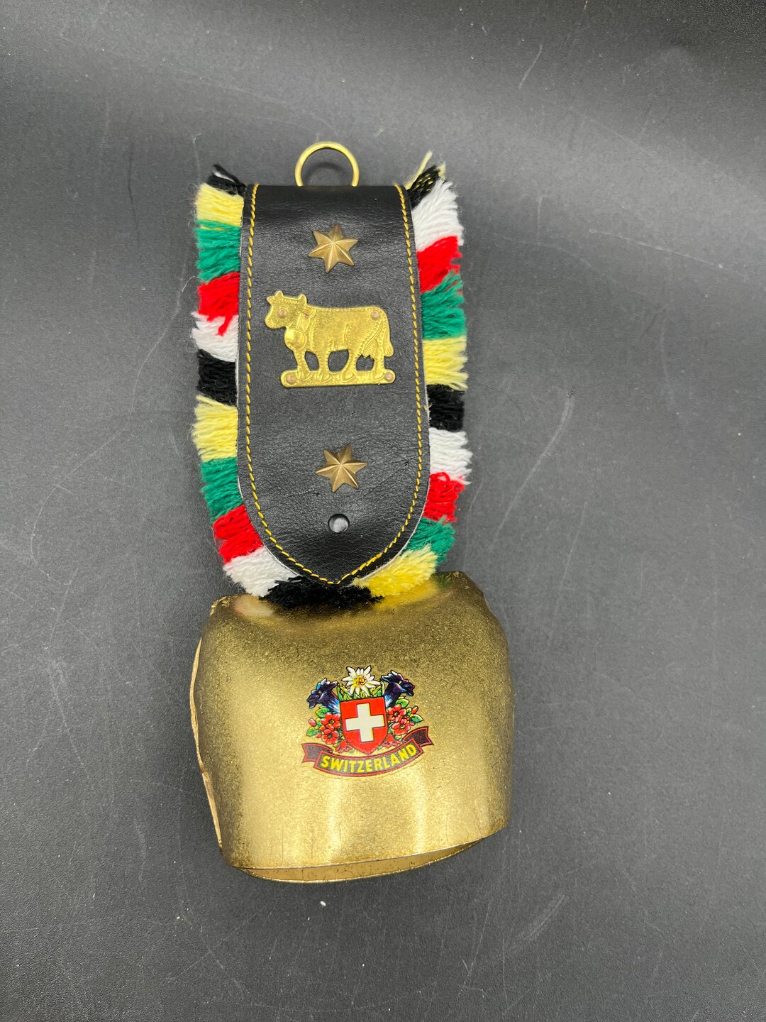 Vintage Swiss Cowbell on Leather Cow and Stars Gold Emblems Etsy