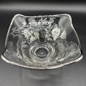 Vintage Viking Bowl Silver Overlay, Poppies, Botanical, Clear Glass, Epic Line, Bon Bon Bowl