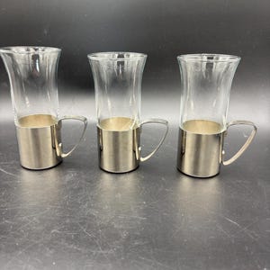 Vintage Danish Glass Irish Coffee Mugs, Hot Toddy,  Glass and Stainless Steel, Set of 3, MCM