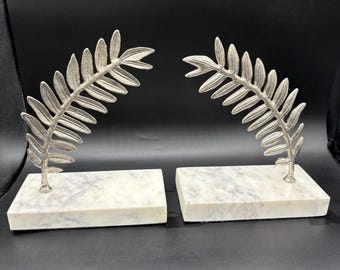 Elegant Bookends, Silver Metal Fern Leaf, Modern, Mantle, Bookshelf, White and Gray Marble, Black Felt Base, Set, Pair