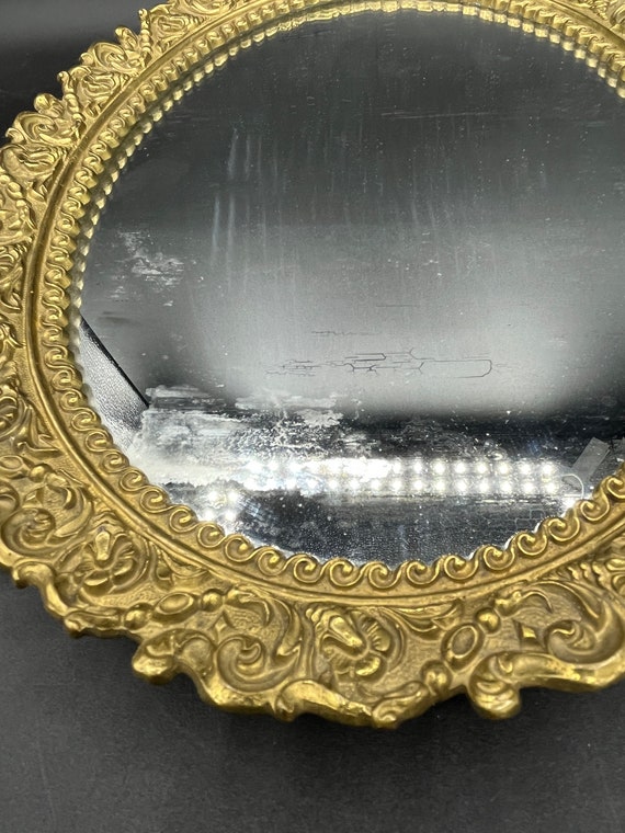 Vintage, Antique Brass Framed Oval Mirror Tray, F… - image 5