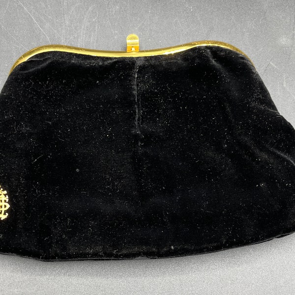 Antique Bienen Davis Black Velvet Purse with Gold Crest, Gold Latch Satin Interior, Evening Bag, Mother-of-the-Bride, Collector, Clutch