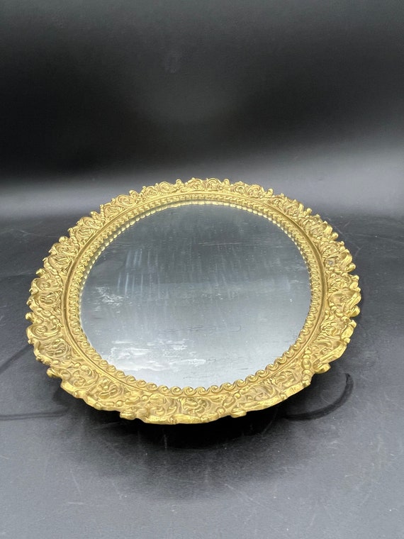 Vintage, Antique Brass Framed Oval Mirror Tray, Footed, Vanity Tray, Gold
