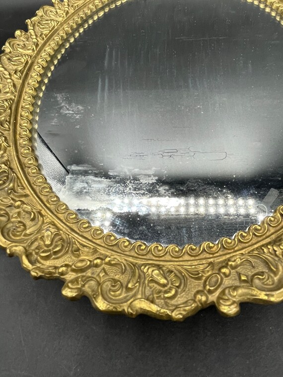 Vintage, Antique Brass Framed Oval Mirror Tray, F… - image 2