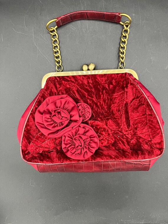 Vintage Nine West Crushed Velvet Red, Rosettes, H… - image 2