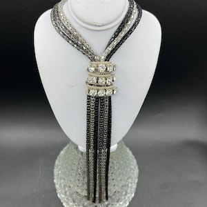 Art Deco Black, Gunmetal and Silver Chain Tassels, Rhinestone Details Necklace