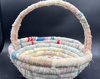 Vintage Braided Rag Rug Basket, Easter Basket, Primitive, Antique, Shabby Chic Decor