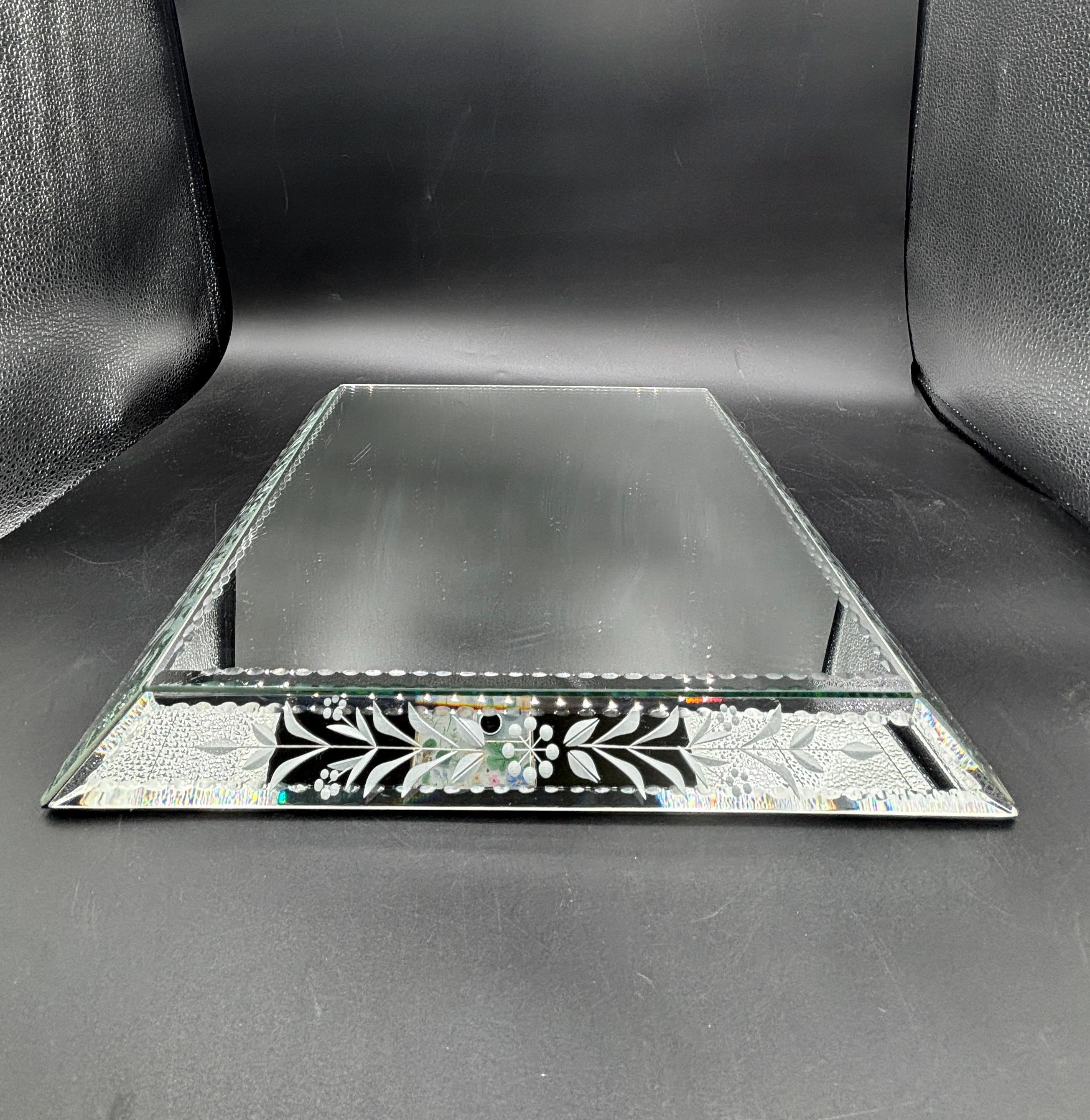 Vintage Square, Mirrored Tray, Etched, Floral, Botanical, Vanity Tray, Pedestal