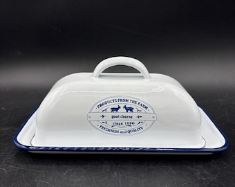 Vintage Enamel Butter Dish, White and Blue, Products From the Farm, Rectangular