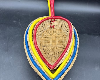 Vintage Wicker Nesting Scoop Baskets - Set of 3 Colorful Mid-Century Boho Wall Hanging Harvest Scoops