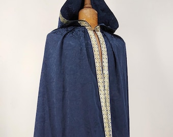 Brocade Hooded Cloak with trim decoration - cape, capuche, reenactment, cloak, robe, LARP, fantasy, medieval, unisex, renaissance, mantle