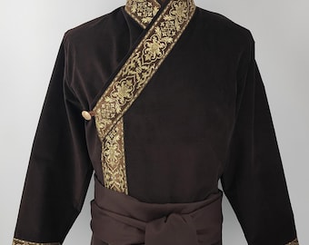 Brown duffel 'Solt' kaftan with wide trim decoration - LARP, reenactment, medieval, fantasy, archery, luxurious garment, character robe