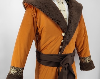Warm Rust Orange Velvet Winter Kaftan – Lined Holland Velvet Coat with Faux Fur & Woven Ribbon | LARP, cosplay, reenactment, royal surcoat