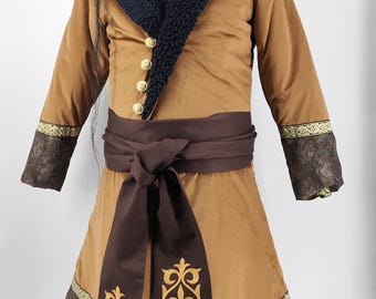 Golden Brown Warm Winter Kaftan – Lined Holland Velvet Coat with Silk Brocade, Faux Fur & Ribbon | LARP, cosplay, reenactment, royal surcoat