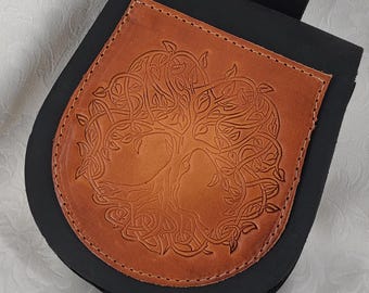 Black Tree of life motif leather belt pouch with carved leather plate and metal fitting - belt bag, fanny bag, LARP, leather bag, medieval