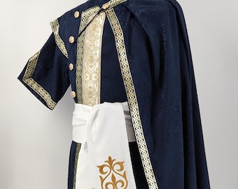 Blue Brocade Cape with trim decoration - CAPE ONLY - reenactment, cloak, robe, LARP, fantasy, medieval, unisex, renaissance, mantle