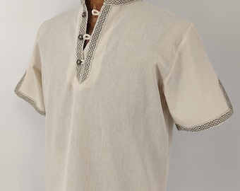 Men's Medieval Cotton Shirt – Short Sleeve, Beige Trim, Viking Tunic, 100% natural fabric, LARP, Cosplay, Character Top