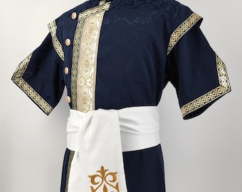 Blue brocade "Árpád" kaftan with silver or gold trim - reenactment, LARP, fantasy, archer, medieval wedding clothing, custome garments