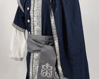 Blue Brocade Cape with trim decoration - CAPE ONLY - reenactment, cloak, robe, LARP, fantasy, medieval, unisex, renaissance, mantle