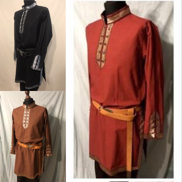 Medieval men's tunic, long shirt with woven ribbon decoration, larp, fantasy, archer