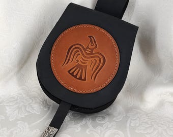 Black Turul bird falcon motif leather belt pouch with carved leather plate and metal fitting - belt bag, fanny bag, LARP, leather bag