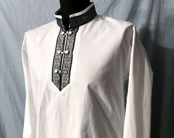 Chemise blanche médiévale pour homme avec décoration de ruban tissé, grandeur nature, fantaisie, archer