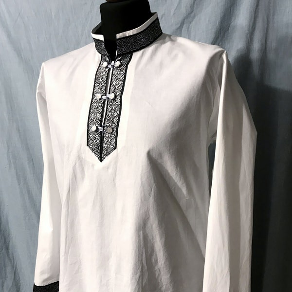 Chemise blanche médiévale pour homme avec décoration de ruban tissé, grandeur nature, fantaisie, archer