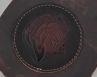 Horse motif brown leather belt pouch with carved leather plate and metal fitting - belt bag, fanny bag, LARP, leather bag, medieval