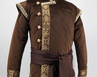 Brown Winter Mongolian-Style Kaftan - Padded Velvet Coat with Cotton Lining, Decorative Trim Ribbon - LARP, reenactment, medieval, character