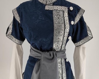 Blue brocade "Moonlight" kaftan for women with silver trim - reenactment, LARP, fantasy, archer, medieval wedding clothing, custome garments