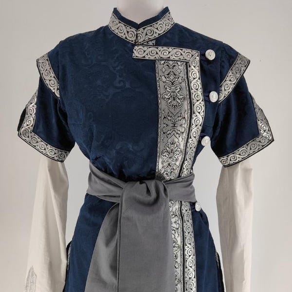 Blue brocade "Moonlight" kaftan for women with silver trim - reenactment, LARP, fantasy, archer, medieval wedding clothing, custome garments