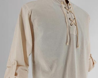 Medieval Lace Up Shirt – Natural Undyed Cotton Tunic, Viking Pirate Renaissance Peasant Shirt for LARP, Reenactment, Festival Costume, Boho
