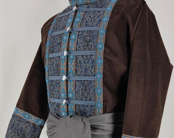 Brown duffel 'Nimrod' kaftan with silk brocade, trim and cord decoration - LARP, reenactment, medieval, fantasy, archery, luxurious garment