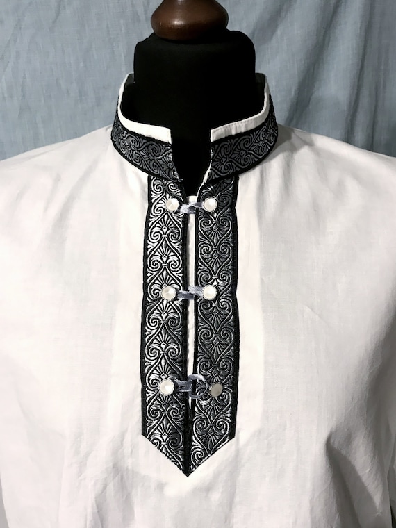 archer fantasy larp White medieval men's shirt with woven ribbon decoration