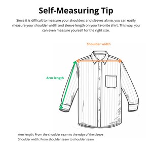 May include: Diagram illustrating how to measure shoulder width and arm length on a shirt. The text reads "Self-Measuring Tip" and provides instructions on measuring for the right size. The shirt is white with vertical stripes.