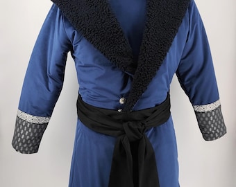 Warm Blue Velvet Winter Kaftan – Lined Holland Velvet Coat with Silk Brocade, Faux Fur & Ribbon | LARP, cosplay, reenactment, royal surcoat