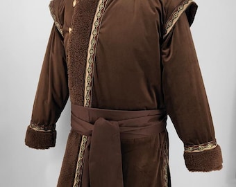 Handmade Winter Mongolian-Style Kaftan - Velvet Coat with Cotton Lining, Fur Trim Decorative Ribbon - LARP, reenactment, medieval, character