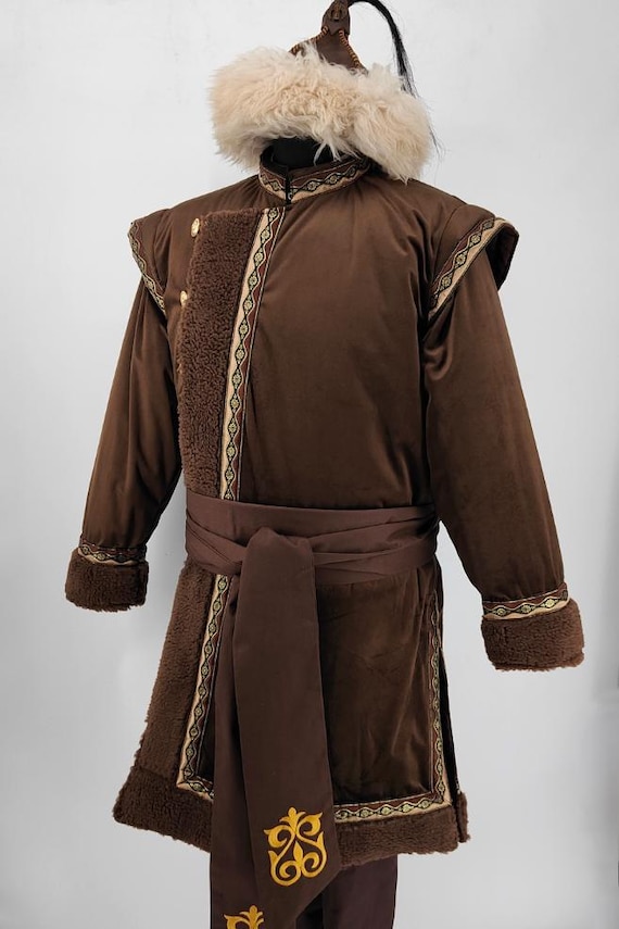 Handmade Winter Mongolian-Style Kaftan - Velvet Coat with Cotton Lining, Fur Trim Decorative Ribbon - LARP, reenactment, medieval, character