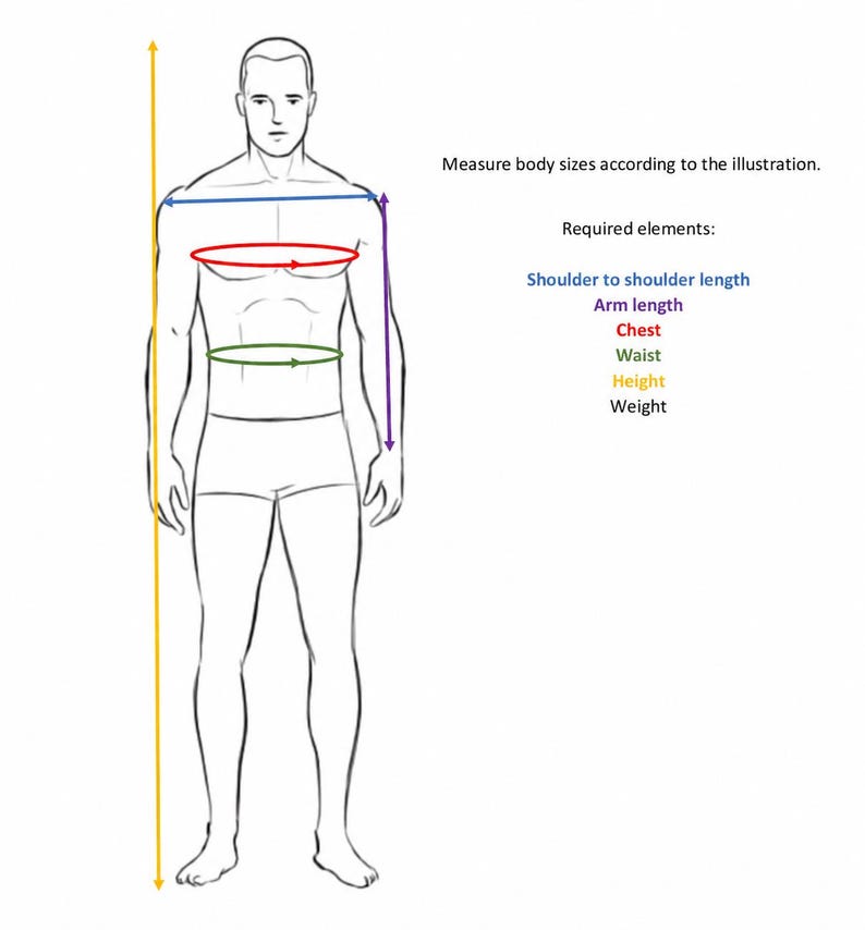May include: Line drawing of a person with measurement lines and text. The text reads: "Measure body sizes according to the illustration." and lists "Shoulder to shoulder length, Arm length, Chest, Waist, Height, Weight."