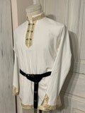 White medieval men's shirt with gold or silver trim decoration - larp, fantasy, archer