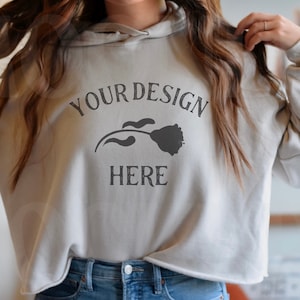 Bella Canvas 7502 Model Mockup- 7502 Heather Dust-  Women&#39;s Cropped Fleece Hoodie Mock Up- Hoodie Mockup- Crop Hoodie- Sweatshirt Mockup