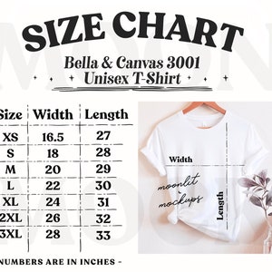 Bella Canvas 3001 Tamaño Gráfico Mockup Camisa- Tamaño Bella Canvas - Tabla de tamaños unisex- Tamaño unisex- Blanco- Flat Lay Mock up Tee - Tabla de tamaños