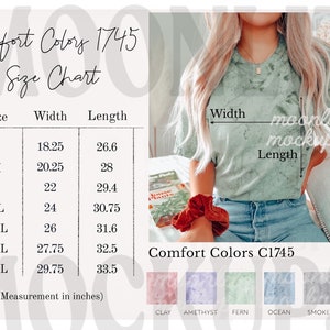 Puede incluir: Tabla de tallas para camisetas Comfort Colors 1745, que muestra las medidas de ancho y largo en pulgadas para las tallas S a 4XL.
