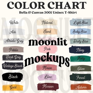 Bella Canvas 3001 Carta de colores de camiseta unisex- Muestra de color- Colores populares de Bella Canvas- Listado de maqueta de fotos