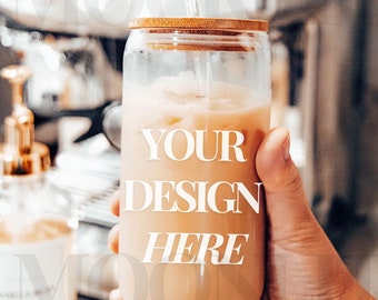 May include: A glass jar with a bamboo lid and a straw filled with a light brown beverage. The jar has the text "YOUR DESIGN HERE" printed on it.