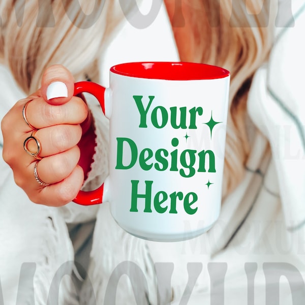 Mug Mockup - Red Accent Mug Mockup - 15oz Coffee Mug Mockup - Mug Mockup - Model Mockup - Cozy Mug Mockup - Christmas Mockup